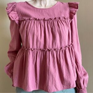 Pink Tiered Blouse with Shoulder Ruffles